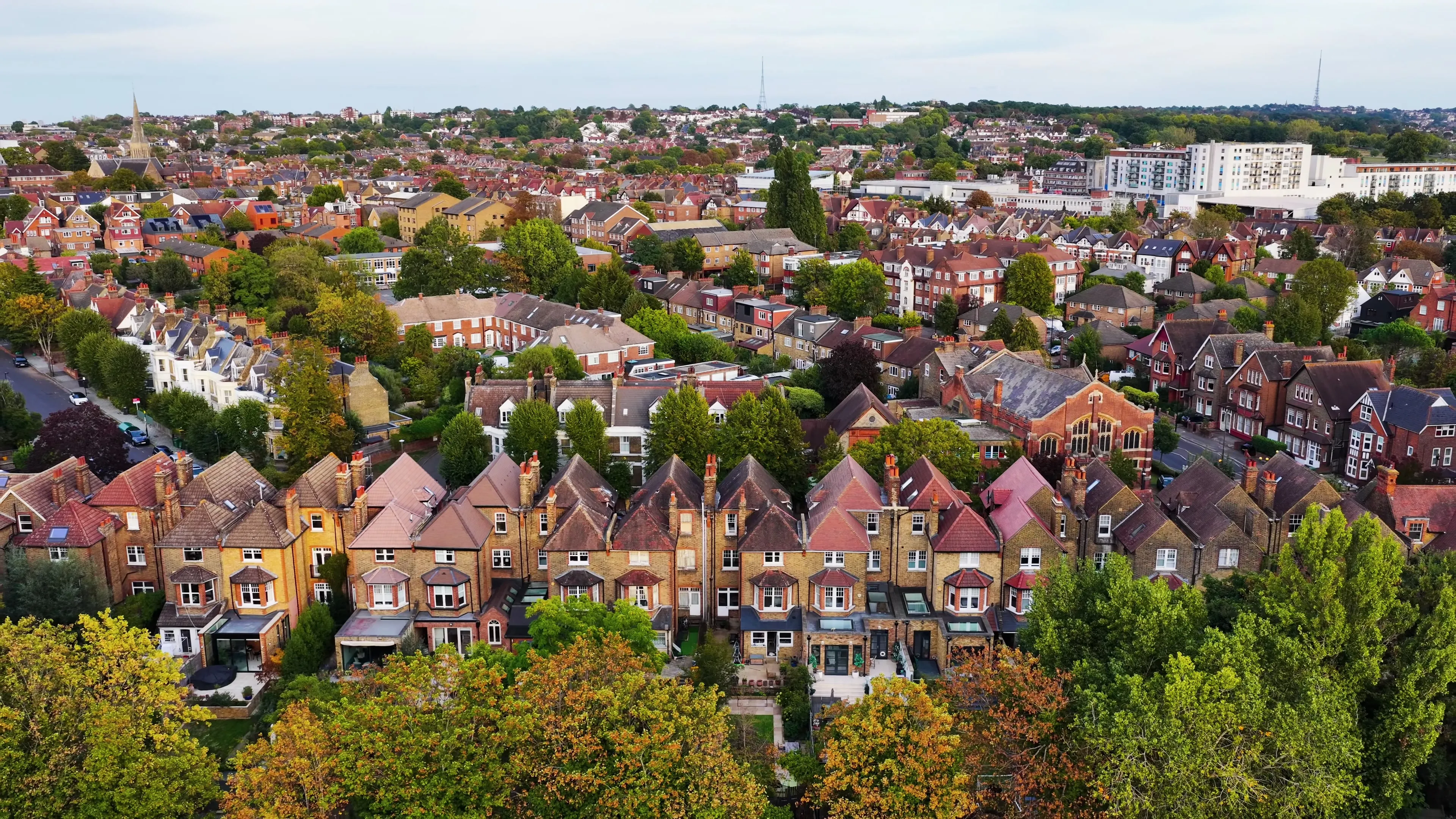 Aerial view over rows of South London houses and rooftops
