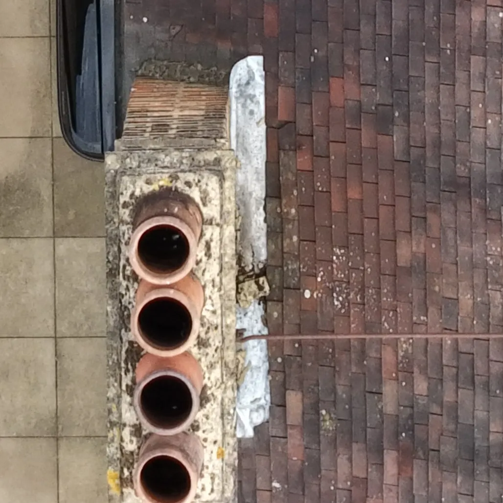 Close-up of a chimney stack with four pots in a row, and a clump of moss lodged against the flashing beside it